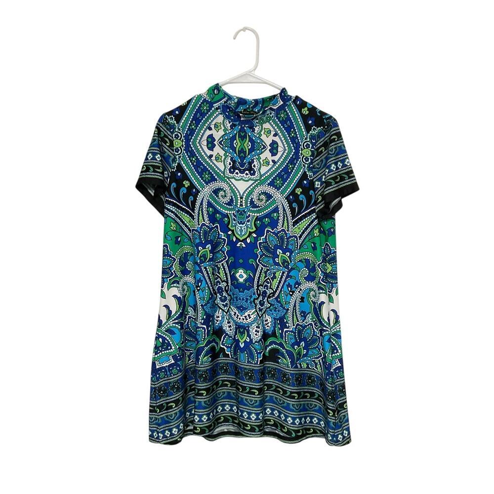Melissa Paige Floral Paisley Short Sleeve Mock Neck Mini Dress Sz Large Stretchy